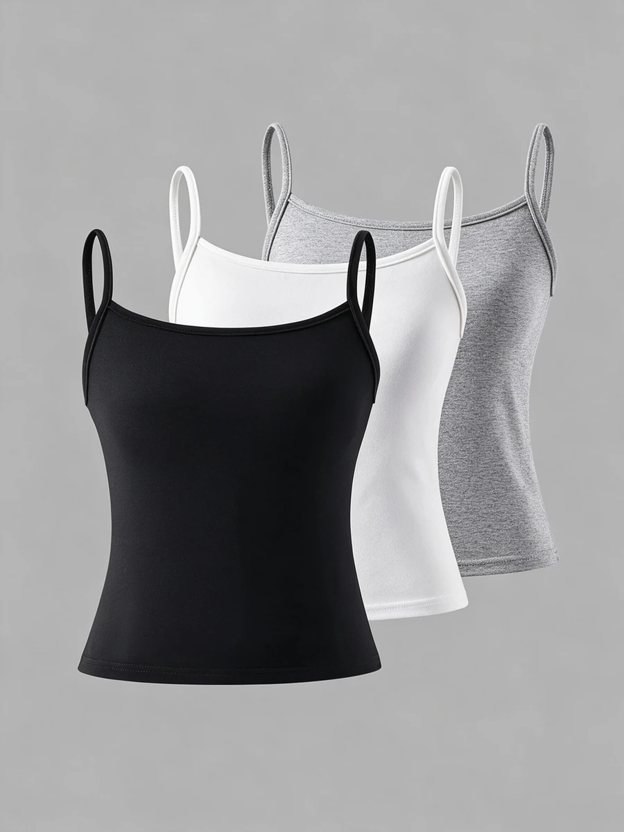 Sparklyn Tween Girls 3pcs Spaghetti Strap Cami Top,Soft Fabric Minimalist Black Summer Basic School Back-To-School Innerwear Daily Outings Style