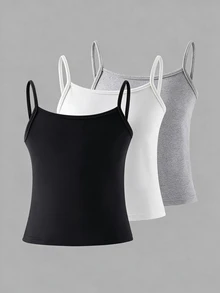 Sparklyn Tween Girls 3pcs Spaghetti Strap Cami Top,Soft Fabric Minimalist Black Summer Basic School Back-To-School Innerwear Daily Outings Style - Multicolor - View 3