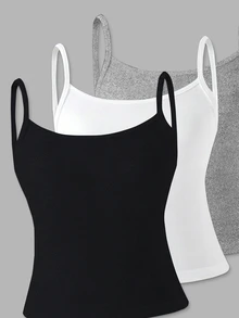 Sparklyn Tween Girls 3pcs Spaghetti Strap Cami Top,Soft Fabric Minimalist Black Summer Basic School Back-To-School Innerwear Daily Outings Style - Multicolor - View 4