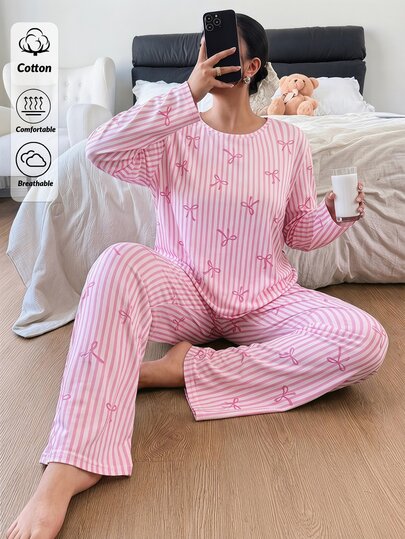 SHEIN Set de pijamale casual drăguț pentru femei, din bumbac, cu 2 bucăți, cu dungi și funde, guler rotund, cămașă cu mânecă lungă și pantaloni lungi, pijamale Homewear