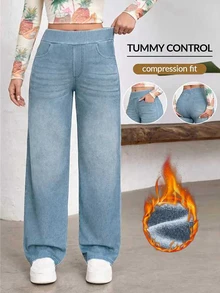 Flexra Plus Size Minimalist Washed Denim Straight Leg Pants - Medium Wash - View 4
