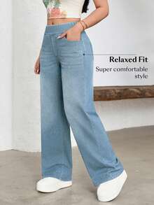 Flexra Plus Size Minimalist Washed Denim Straight Leg Pants - Medium Wash - View 3