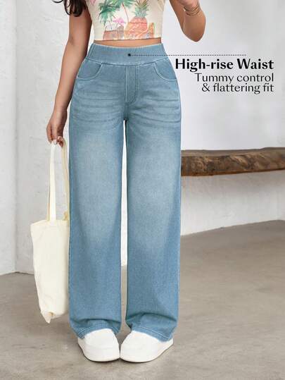Flexra Plus Size Minimalist Washed Denim Straight Leg Pants