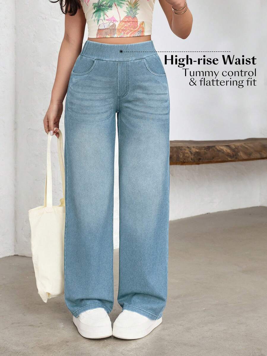Flexra Plus Size Minimalist Washed Denim Straight Leg Pants - Medium Wash - View 1