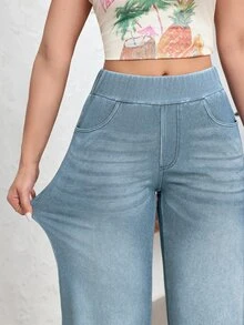 Flexra Plus Size Minimalist Washed Denim Straight Leg Pants - Medium Wash - View 8