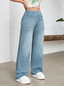 Flexra Plus Size Minimalist Washed Denim Straight Leg Pants - Medium Wash - View 6