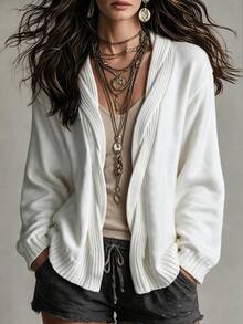 Omancia Boho Shawl Collar Knit Cardigan, Women Long Sleeve Ribbed Trim Open Front Loose Fall Sweater - White - View 3
