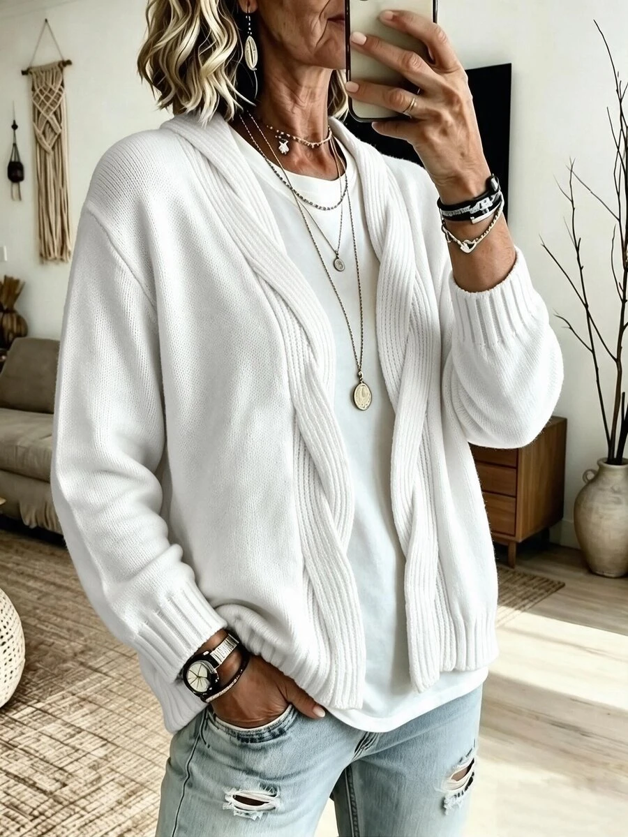 Omancia Boho Shawl Collar Knit Cardigan, Women Long Sleeve Ribbed Trim Open Front Loose Fall Sweater - White - View 1