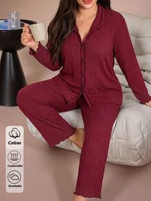 SHEIN مجموعة بيجامة منزلية مريحة من قطعتين للنساء كبيرات الحجم، قميص طويل الأكمام وبنطال طويل من القطن المحبوك بتفاصيل أزرار وتباين لون البرغندي - عنابي اللون - مشاهدة 9