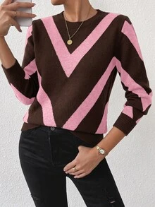 SHEIN LUNE 2026 Autumn/Winter New Diamond Striped Pullover Sweater - Multicolor - View 8