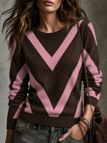 SHEIN LUNE 2026 Autumn/Winter New Diamond Striped Pullover Sweater - Multicolor - View 2