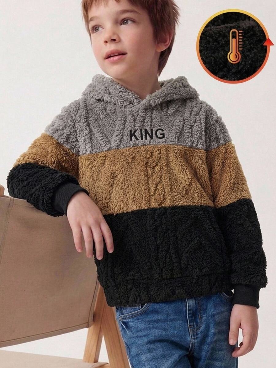 SHEIN Boys Casual Embroidered Plush Patchwork Colorblock Hooded Sweatshirt - Multicolor - View 1