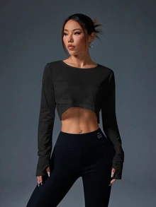 Eassivo Eassivo 女式纯色圆领长袖短款运动T恤 - 黑色 - 查看 10