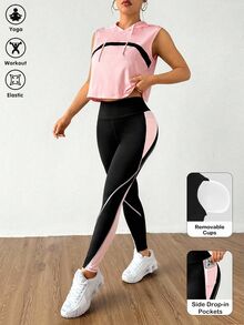 Eassivo Eassivo 女式撞色无袖连帽上衣和裤子运动套装 - 彩色 - 查看 4