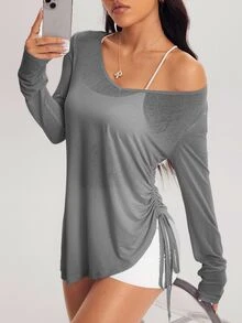 Eassivo Eassivo 女式休闲纯色侧抽绳长袖运动T恤，秋季 - 灰色 - 查看 7