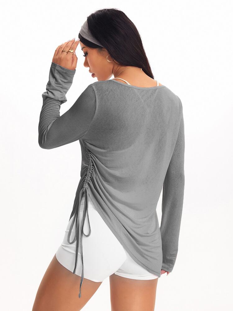Eassivo Eassivo Women's Casual Solid Color Side Drawstring Long Sleeve Sports T-Shirt, Autumn Workout Shirts For Women Work Out Cover Up Top Loose Tops Blouse Gym - Grey - View 8
