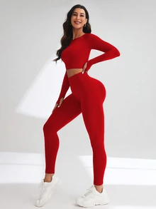 Eassivo Eassivo 女款純色圓領長袖短版運動休閒T恤與緊身褲套裝，健身運動健身房穿搭，深紅色秋季款 - 紅色 - 查看 10