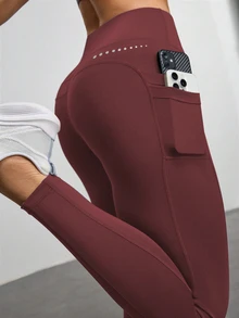 Eassivo Eassivo 女士高腰带口袋休闲健身紧身裤 - 酒紅色 - 查看 5