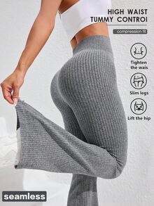 Eassivo Eassivo 女式纯色罗纹高腰无缝瑜伽健身喇叭紧身裤 - 深灰色 - 查看 6