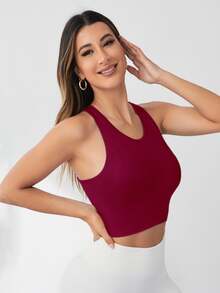Eassivo Eassivo Women Burgundy Seamless Elastic Sports Bra,Summer Athleisure Racerback Crop Top,Sleeveless Gym Workout Shirt For Daily Exercise - Burgundy - View 7