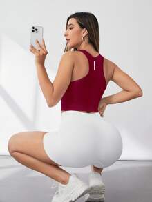 Eassivo Eassivo Women Burgundy Seamless Elastic Sports Bra,Summer Athleisure Racerback Crop Top,Sleeveless Gym Workout Shirt For Daily Exercise - Burgundy - View 6