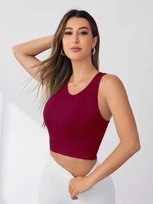 Eassivo Eassivo Women Burgundy Seamless Elastic Sports Bra,Summer Athleisure Racerback Crop Top,Sleeveless Gym Workout Shirt For Daily Exercise - Burgundy - View 2