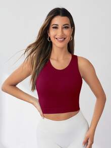 Eassivo Eassivo Women Burgundy Seamless Elastic Sports Bra,Summer Athleisure Racerback Crop Top,Sleeveless Gym Workout Shirt For Daily Exercise - Burgundy - View 8
