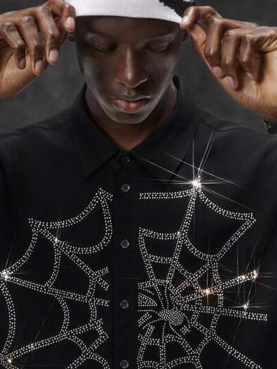 NEON BLANC Men's Autumn Fashion Spider Web Rhinestone Shirt Men Slim Fit Party Gift For Husband, Boyfriend, Son, Halloween Winter Autumn