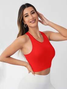 Eassivo Eassivo 1件女款紅白緊身無縫運動短版背心，夏季競賽背心式內衣，運動健身訓練上衣 - 紅色 - 查看 6