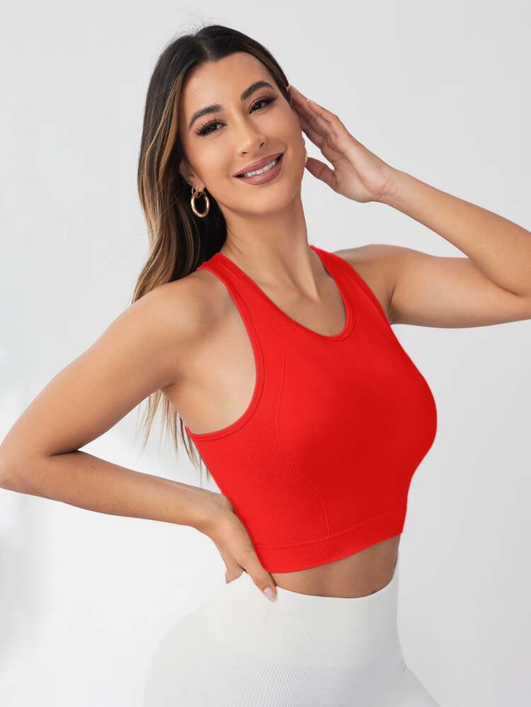 Eassivo Eassivo 1件女款紅白緊身無縫運動短版背心，夏季競賽背心式內衣，運動健身訓練上衣 - 紅色 - 查看 6