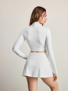 Eassivo Eassivo Simple Casual Solid Color Women Sports Suit: Long Sleeve Top And Pants, For Daily Wear Workout Women Set - White - View 6