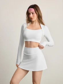 Eassivo Eassivo Simple Casual Solid Color Women Sports Suit: Long Sleeve Top And Pants, For Daily Wear Workout Women Set - White - View 5