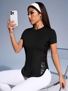 Eassivo Eassivo 女式简约拼接侧边运动瑜伽短袖T恤健身衫 - 黑色 - 查看 7