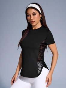 Eassivo Eassivo 女式简约拼接侧边运动瑜伽短袖T恤健身衫 - 黑色 - 查看 9