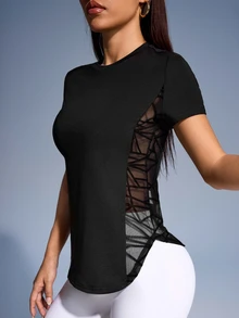 Eassivo Eassivo 女式简约拼接侧边运动瑜伽短袖T恤健身衫 - 黑色 - 查看 5