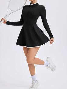 Eassivo Eassivo 女式拼色前拉链长袖休闲运动连衣裙网球裙运动裙 - 黑色 - 查看 9
