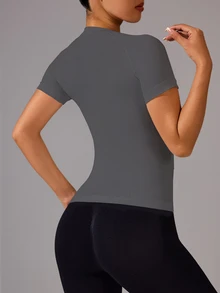 Eassivo Eassivo 女士无缝纯色简约运动 T 恤，适合瑜伽和健身压缩衬衫修身衬衫健身衫 - 灰色 - 查看 4