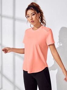 Eassivo Eassivo 女士纯色休闲运动短袖T恤健身衫 - 珊瑚橙 - 查看 7