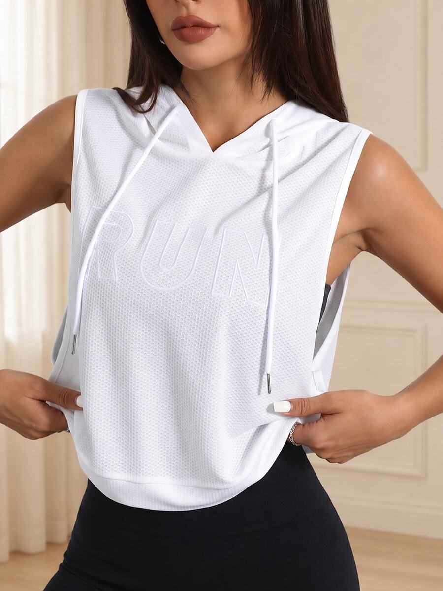 Eassivo Eassivo Letter Embroidery Sleeveless Drawstring Hooded Sports Sweatshirt - White - View 1