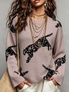 Breezaya Elegant Round Neck Long Sleeve Design Women's Sweater - Pink - View 4