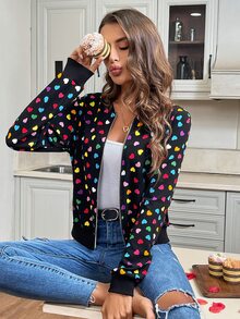 SHEIN LUNE Valentine's Day Colorful Heart Print Jacket In Fall/Winter - Black - View 4