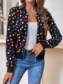 SHEIN LUNE Valentine's Day Colorful Heart Print Jacket In Fall/Winter - Black - View 8