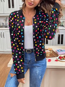 SHEIN LUNE Valentine's Day Colorful Heart Print Jacket In Fall/Winter - Black - View 5