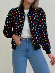 SHEIN LUNE Valentine's Day Colorful Heart Print Jacket In Fall/Winter - Black - View 2