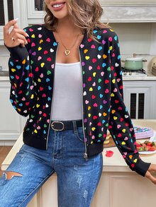 SHEIN LUNE Valentine's Day Colorful Heart Print Jacket In Fall/Winter - Black - View 6