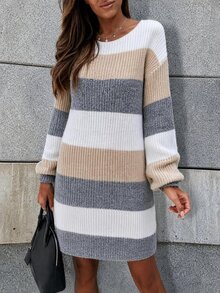 SHEIN LUNE Women's Color Block Round Neck H-Sleeve Hem Midi Dress - Multicolor - View 1