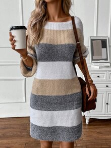 SHEIN LUNE Women's Color Block Round Neck H-Sleeve Hem Midi Dress - Multicolor - View 3