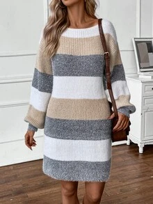SHEIN LUNE Women's Color Block Round Neck H-Sleeve Hem Midi Dress - Multicolor - View 5