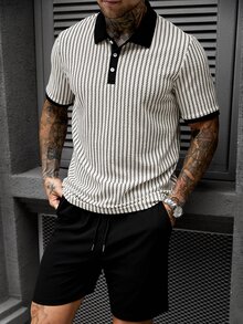 Manfinity CasualCool 男士短袖纹理面料POLO衫套装，适合外出、聚会和度假穿着 - 杏色 - 查看 2