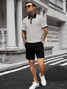 Manfinity CasualCool 男士短袖纹理面料POLO衫套装，适合外出、聚会和度假穿着 - 杏色 - 查看 5